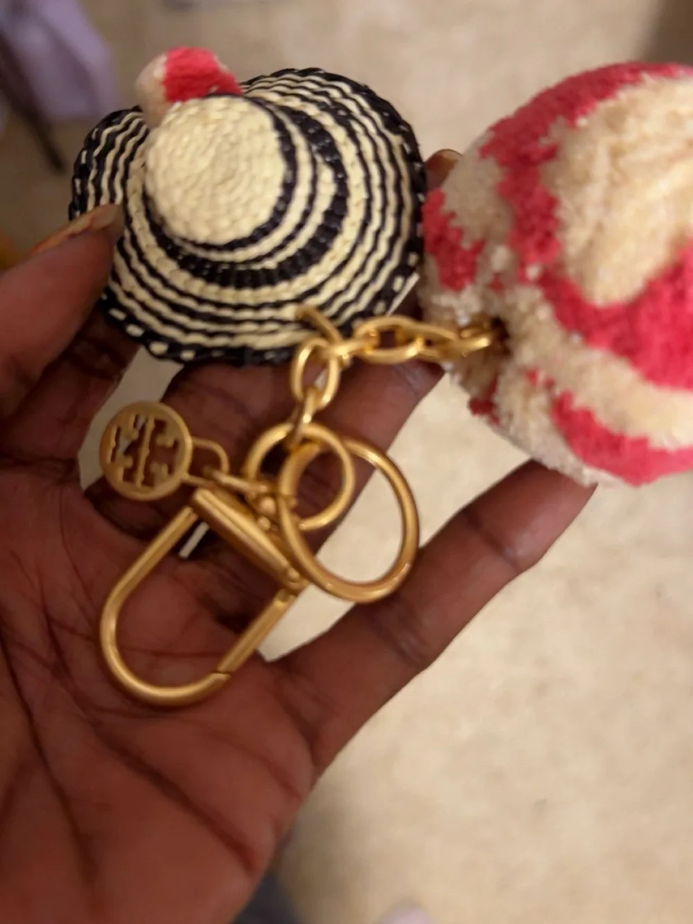 Tory Burch Black & Cream Straw Hat Keychain with Pink-Cream Pom
